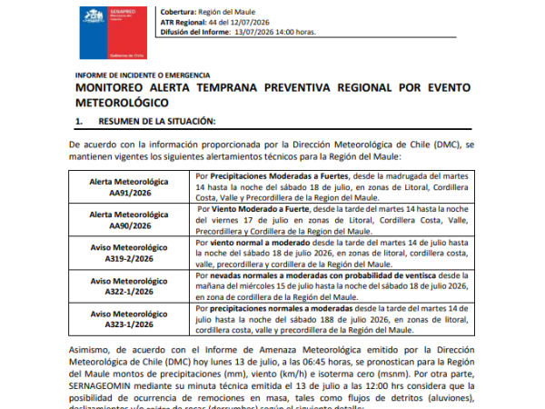 Maule se prepara para intensas lluvias y fuertes vientos