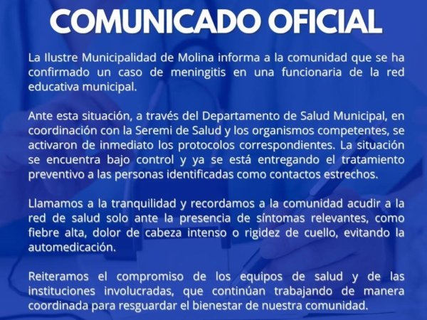 Municipio de Molina activa protocolos por caso de meningitis
